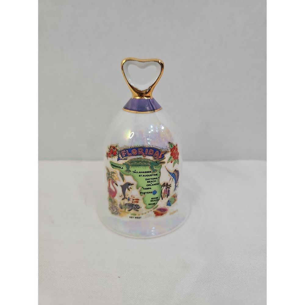 Vintage Florida State Souvenir Bell Iridescent Lusterware Ceramic Map/Dolphin 5"
